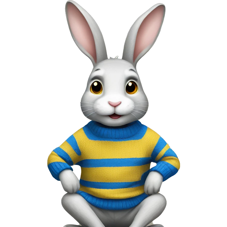 Rabbit is sitting and wearing blue and yellow stripe sweater emoji