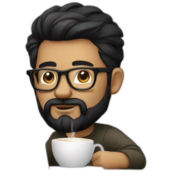 Designer with black hair, beard and glasses working with MacBook and drinking cappuccino  emoji