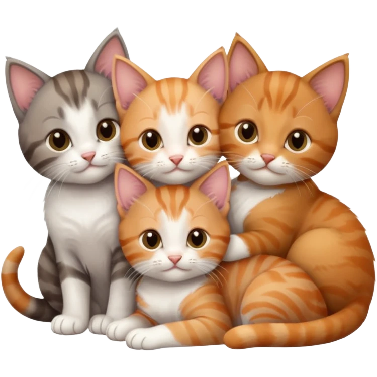 3 kittens cuddling together all different colours, the first one is grey and white, the second is ginger and white and the third is brown tabby and white emoji
