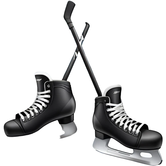 Please, make An icon featuring close-up shots of key hockey equipment: a hockey stick, puck, and skates. The background shows a packed stadium with cheering fans, bright arena lights, and an icy rink. Transparent background highlights the essentials of the game and the thrill of the sport. emoji