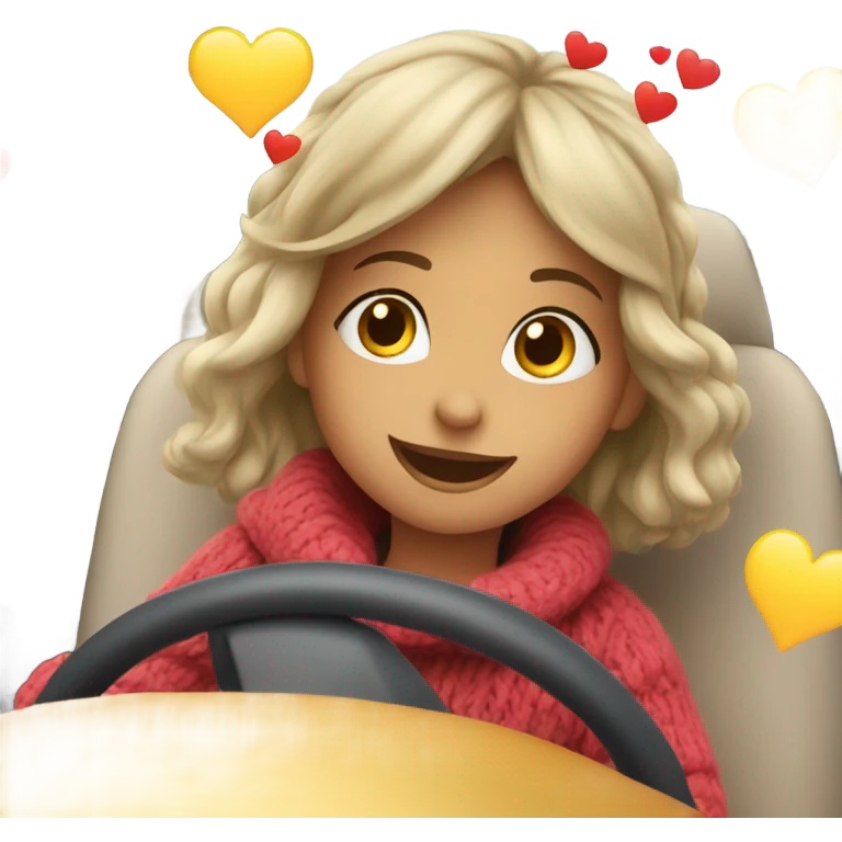smiling girl in sweater driving in car with hearts emoji
