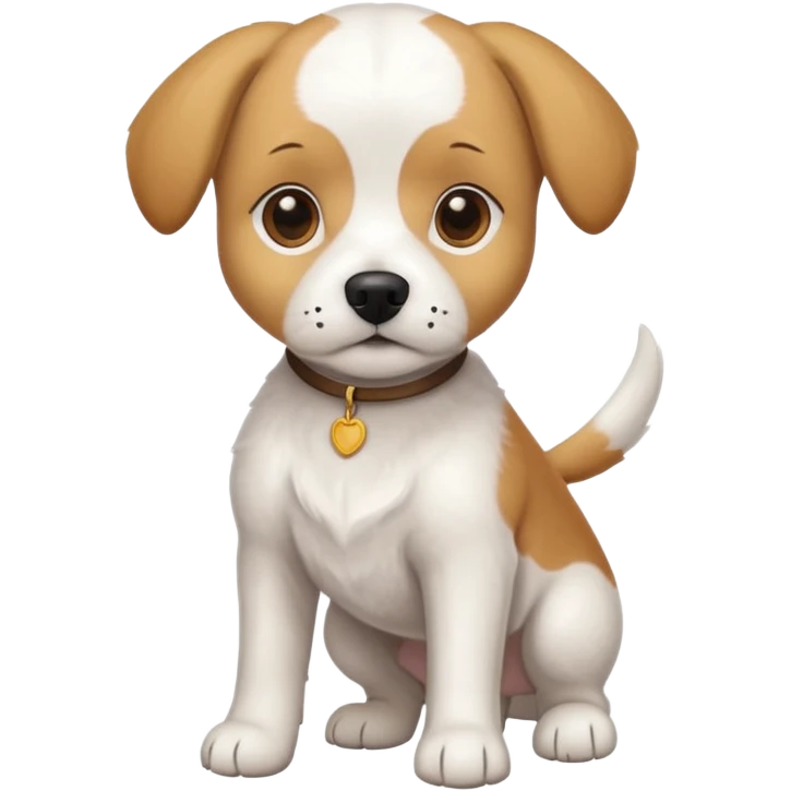 a full body white beagle x maltese x chi dog the size of a kelpie with light brown ears and a light brown patch on one eye emoji