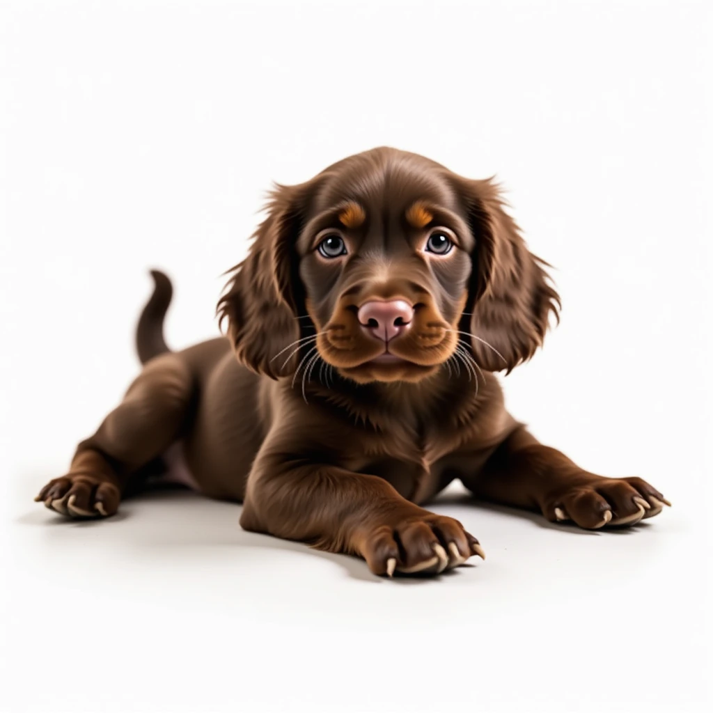 realistic chocolate tan English cocker spaniel puppy, lying down, wagging tail, adorable look, photorealistic style emoji