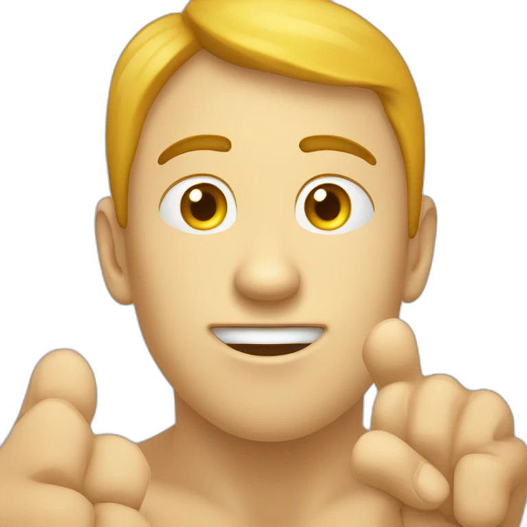 a beardless yellow emoji with freckles and a round head pointing the index finger skywards. It has two prominent upper incisors, while the lower incisors are hidden by the lower lip. emoji