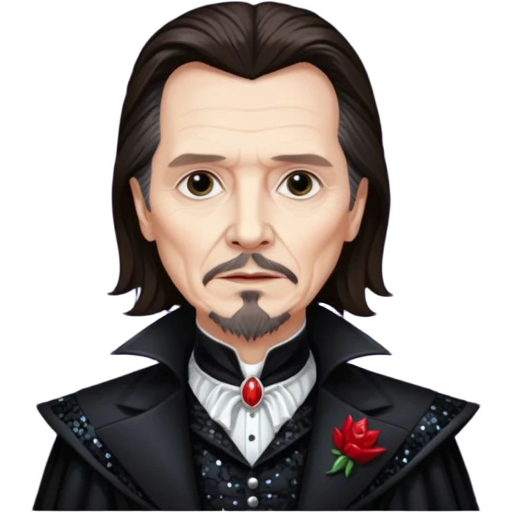 Gary Oldman as Dracula with long dark brown hair, black sequin outfit, without glasses emoji