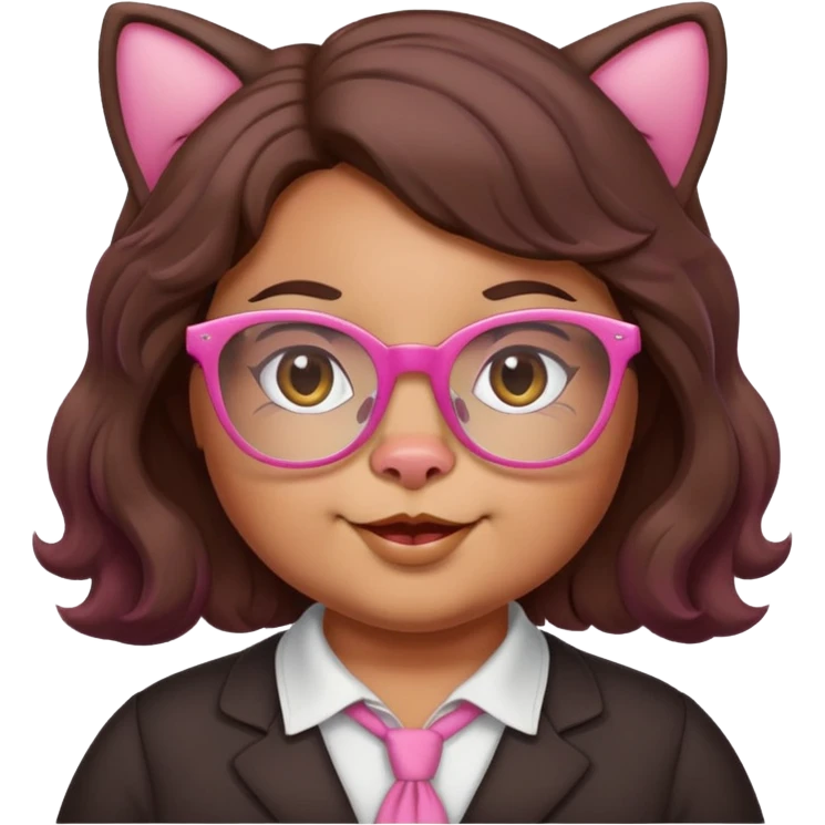 chubby English teacher face, pink cat glasses, wavy long dark brown hair, cheerful emoji