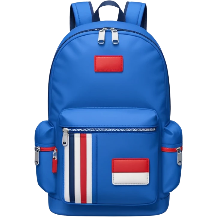 simple blue backpack, at the bottom pocket there is a  logo featuring a Tommy Jeans-inspired logo. The logo looks like A red and white vertically split flag-style patch on the bottom pocket.
 emoji