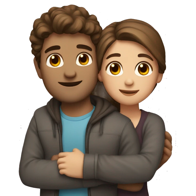 brown hair and brown eyes couple hug with warm smiles emoji