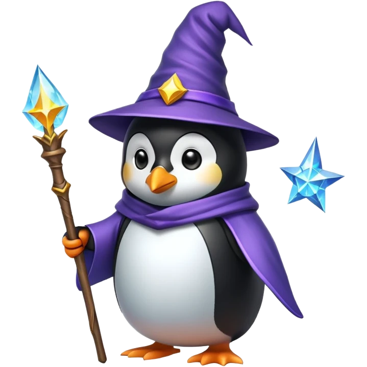 penguin wizard with magical staff wearing a wizard hat fantasy emoji