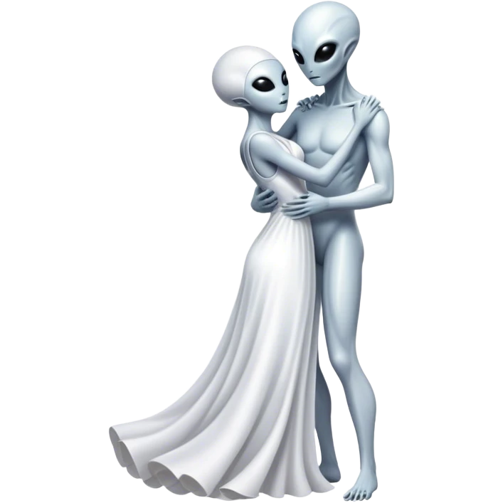 Alien woman in white dress hugs and kissing "white male human man" emoji