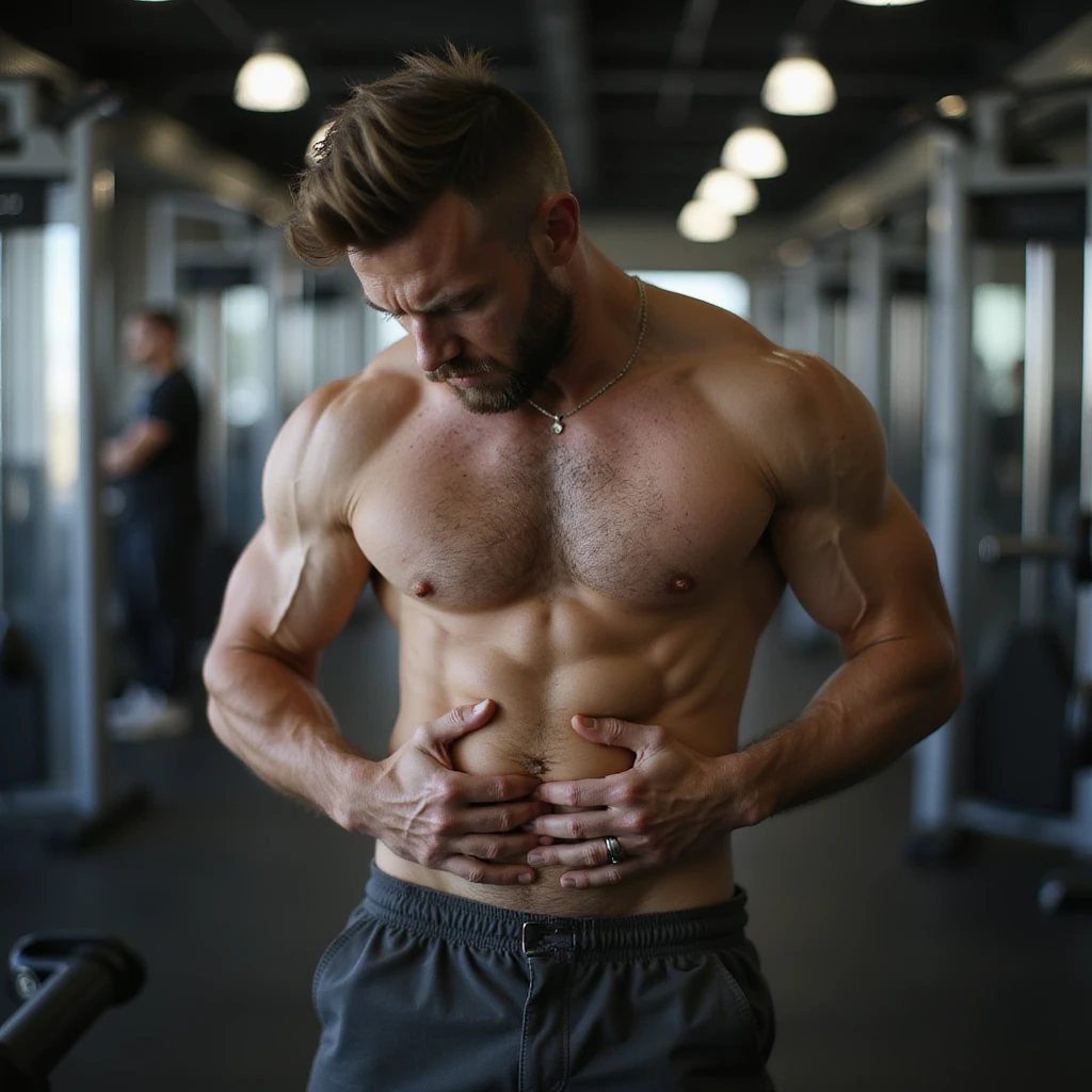 realistic 4K man in the gym squeezing his belly with hands and showing an angry expression emoji