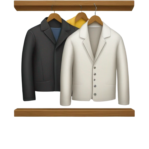 Design an emoji-style icon of an open wardrobe with clothes hanging inside. Include details like a wooden frame, hangers, and only black or white different clothing items such as shirts or any other clothing . Use a clean and minimalistic design. emoji