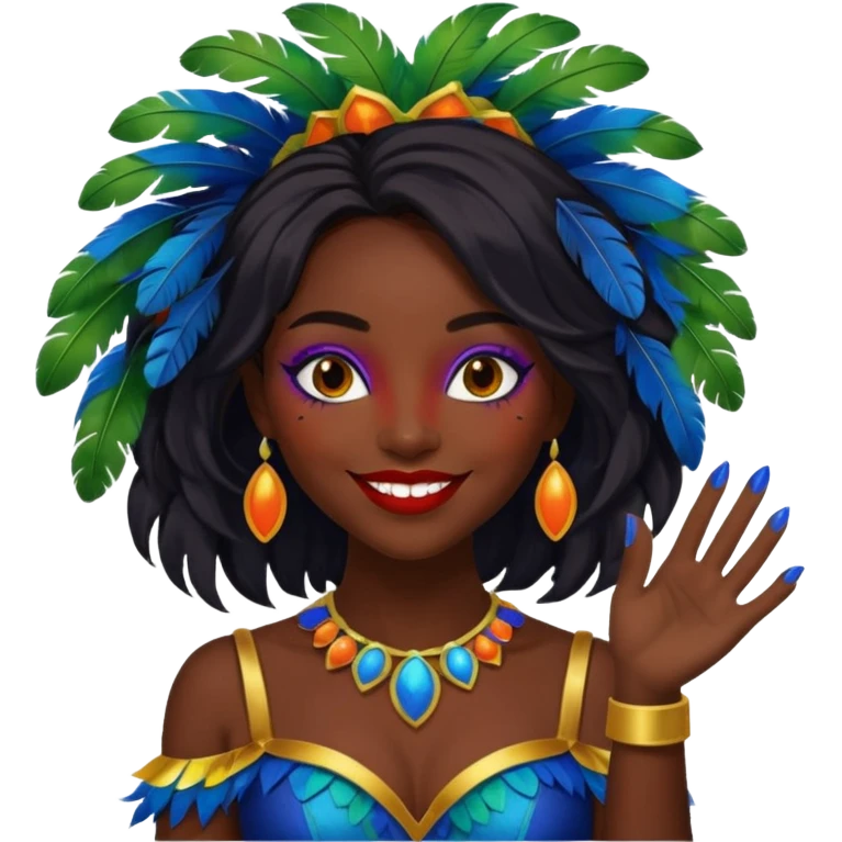 i need the same girl in "dark skin girl, dark red lipstick, nails very beautiful" to be smiling in "carnival mas costume, blue, green and orange preferably, full costume feathers at the back" she is to be smiling, hair should be dark shoulder length, black nail polish on her fingers  emoji