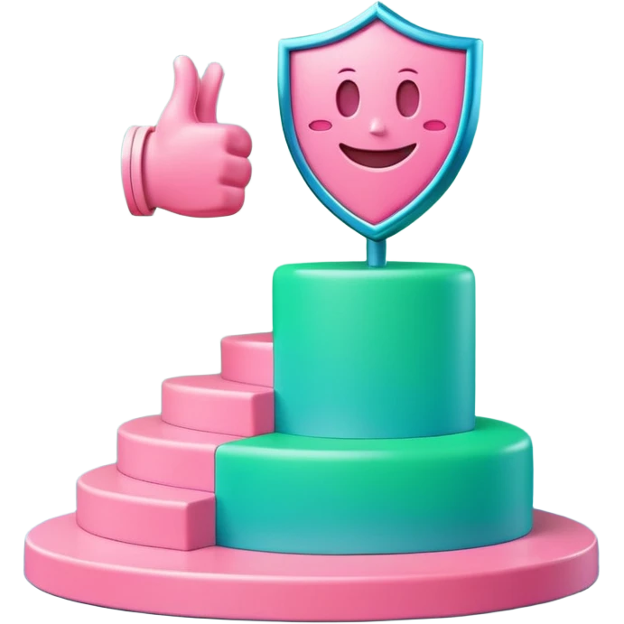 Minimalist 3D emoji-style podium with 2 steps on a green chroma key background. Step 1 (higher) features a handshake icon with blue neon glow. Step 2 (lower) features a smiling tooth with a shield icon and pink neon glow. Clean rendering, soft colors, uniform lighting emoji