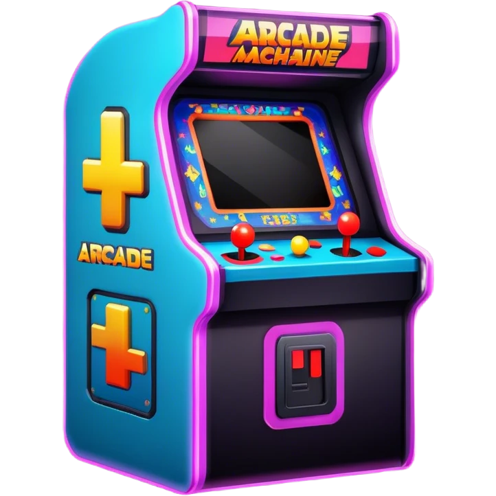 An icon featuring a retro arcade machine with vibrant pixelated graphics on the screen, showcasing classic gameplay. Bright neon lights surround the arcade cabinet, evoking nostalgia for the golden age of gaming. transparent background, the design symbolizes the fun and thrill of arcade games emoji