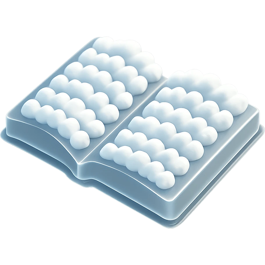 top view of a thick open book made entirely of small, very bright white fluffy convex clouds, matte glass style emoji