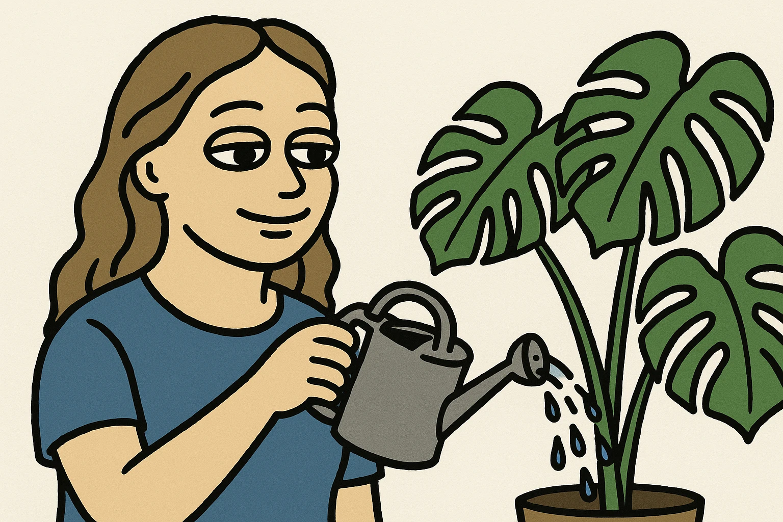 woman watering her monstera plant emoji