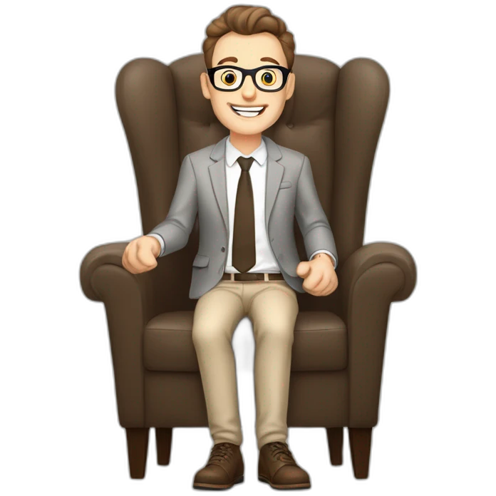 Joyful Celebrating victory Hands up Pale skinned Fit Man With dark brown hair in gray jacket, beige office shirt, Brown pants and vintage glasses sitting In a soft chair emoji