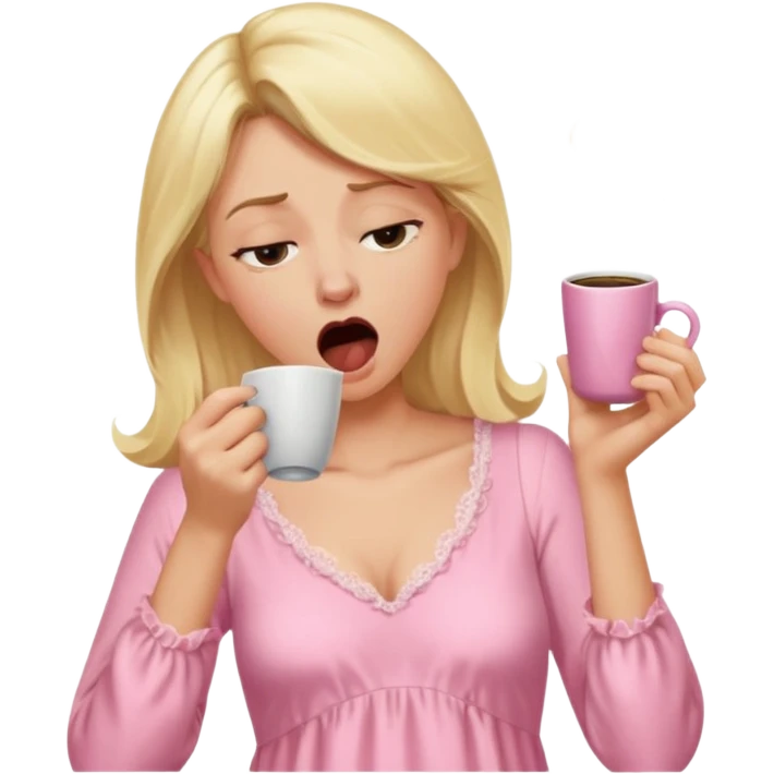 A blonde woman in a pink nightgown yawns, looking sleepy with dark circles under her eyes, drinking coffee, looking like she just woke up emoji