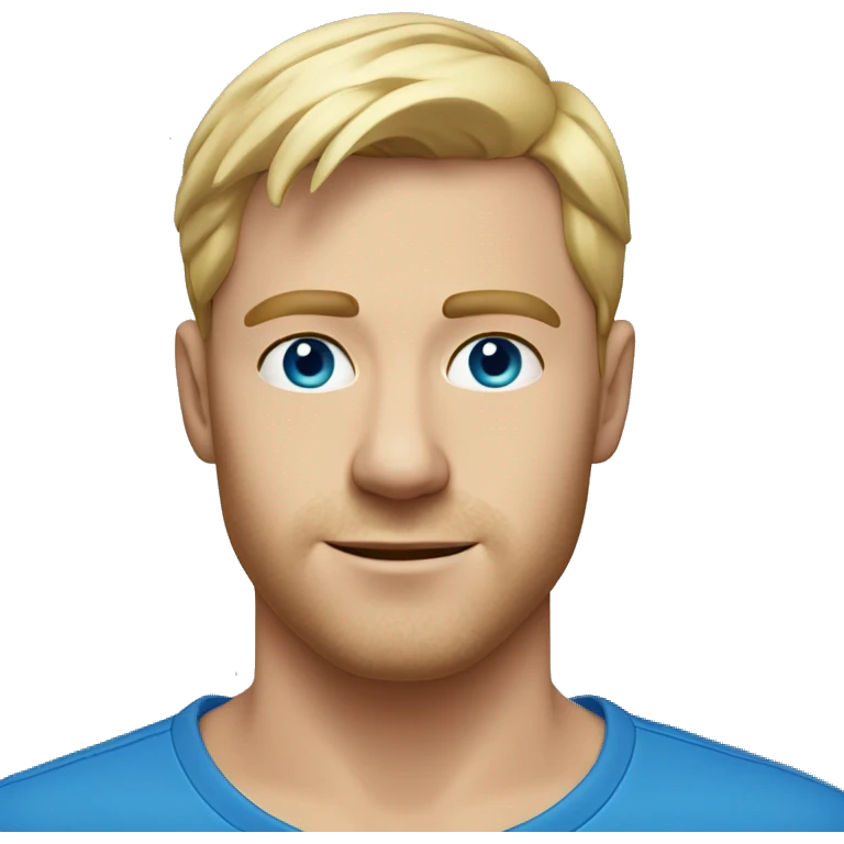 A head and shoulders shot of a 30 year old white man, with short blonde hair,   with blue eyes wearing a t-shirt. emoji