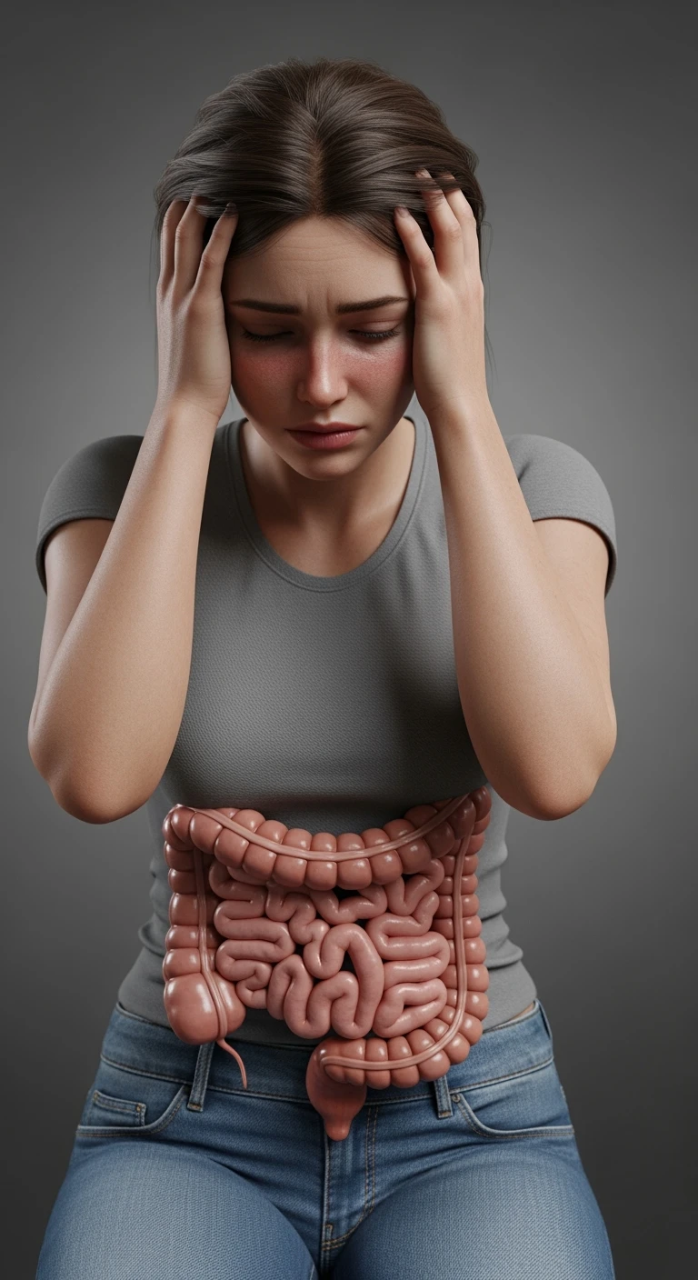 DONNA stanca con intestino realistico in evidenza che si tiene le mani sulla testa, iperrealistici 4k, non disegnati emoji