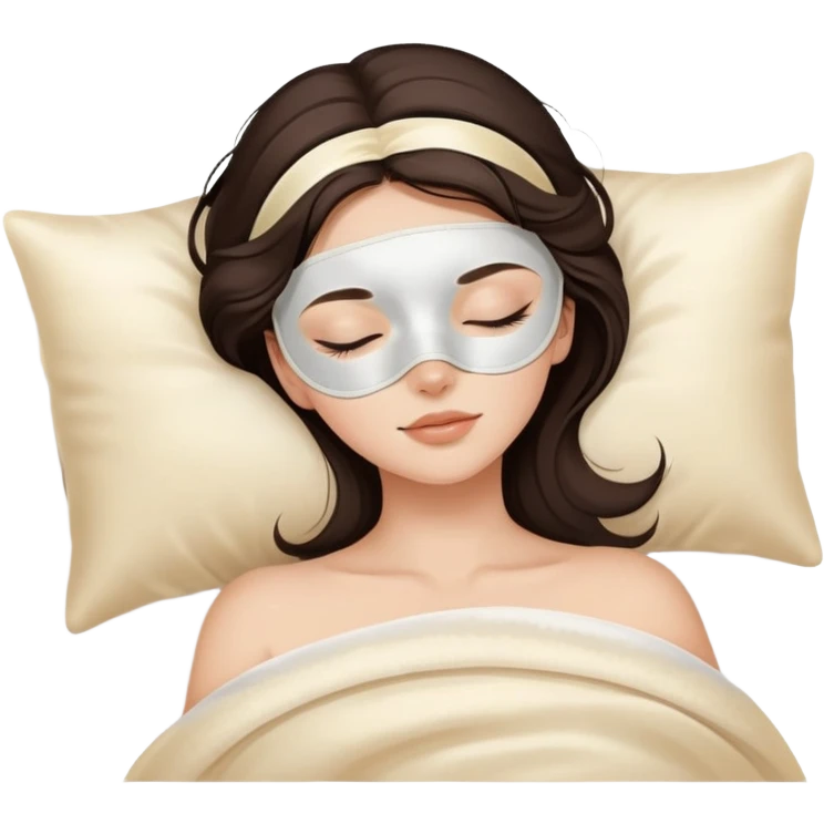 pretty brunette sleeping with cream coloured silk eyemask soft textures and ethereal glow emoji