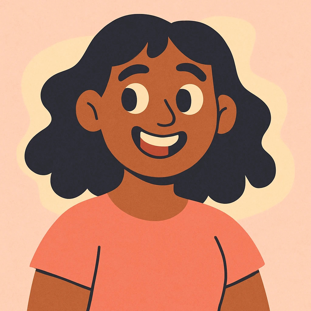 woman with brown skin, black hair, smiling, soft pastel illustration style emoji