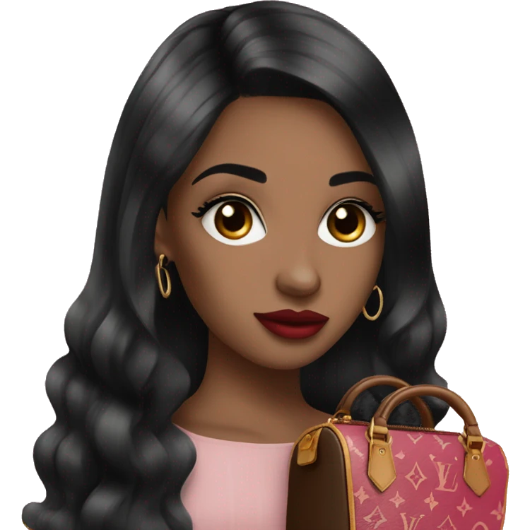 black haired Girl with eylashes, rose lipstick, straight hair and louis vuitton bag emoji
