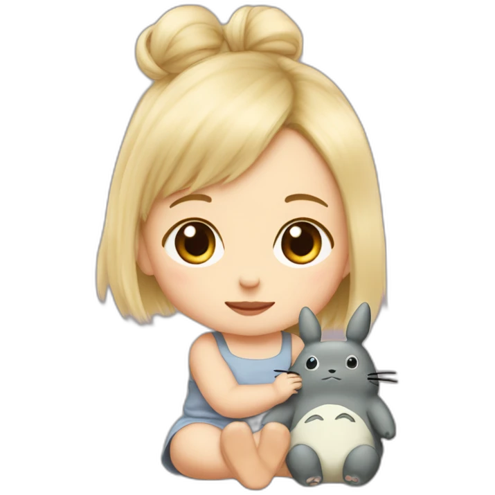 bébé fille blonde décoiffée assise avec une peluche Totoro  emoji
