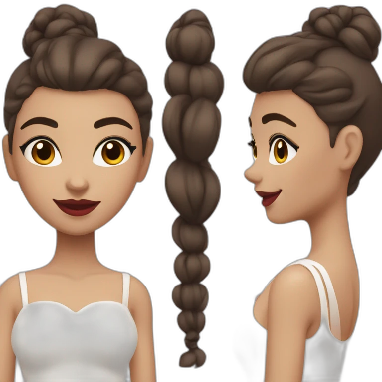 A girl with curved brown eyebrows, dark brown hair, bushy eyelashes, a high nose bridge, red lips, a white skirt with a swing neck, a fair complexion, and a smile emoji