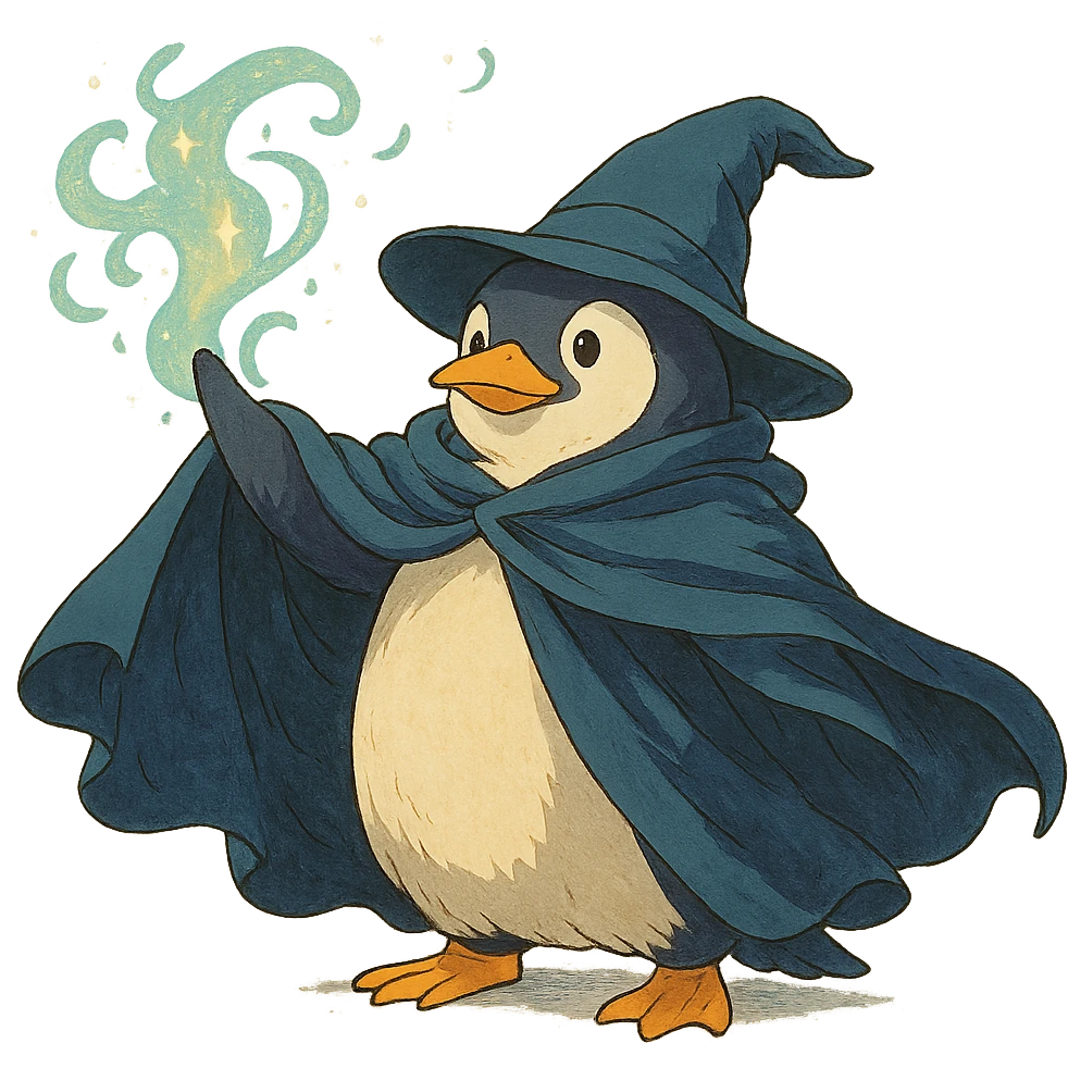 ghibli style penguin wizard with a flowing cloak and magical aura emoji