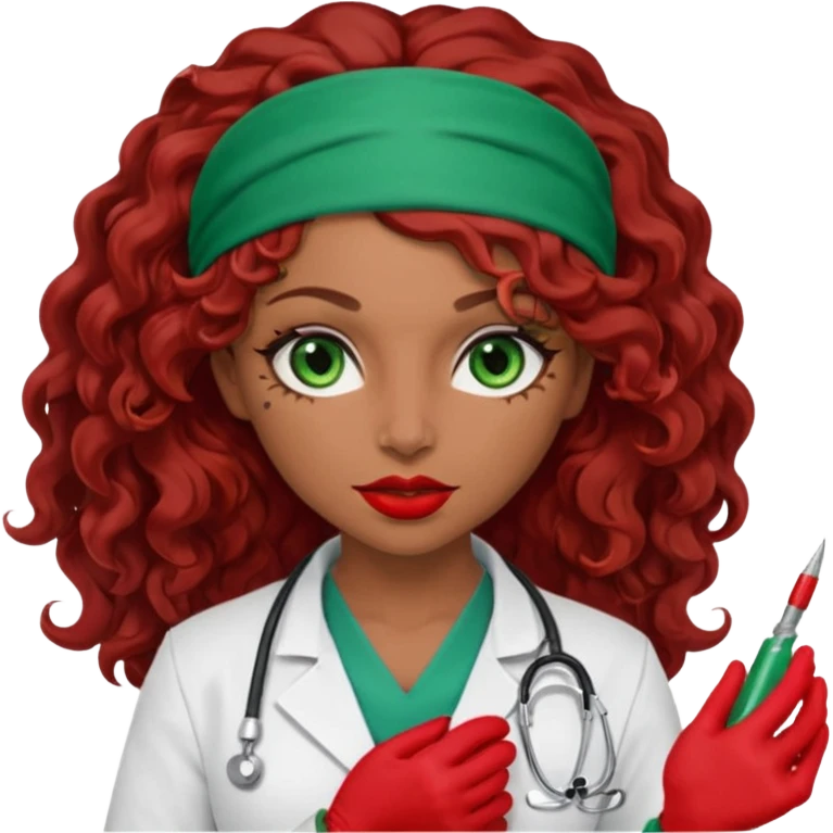 Lilith scalpel in hand, evil surgeon sexy surgeon clothes.  She has green  eyes. She brown long curly hair. Wears sexy doctor outfit with red gloves.hair is free and brown  Wears red bandana to hide  her mouth and nose emoji