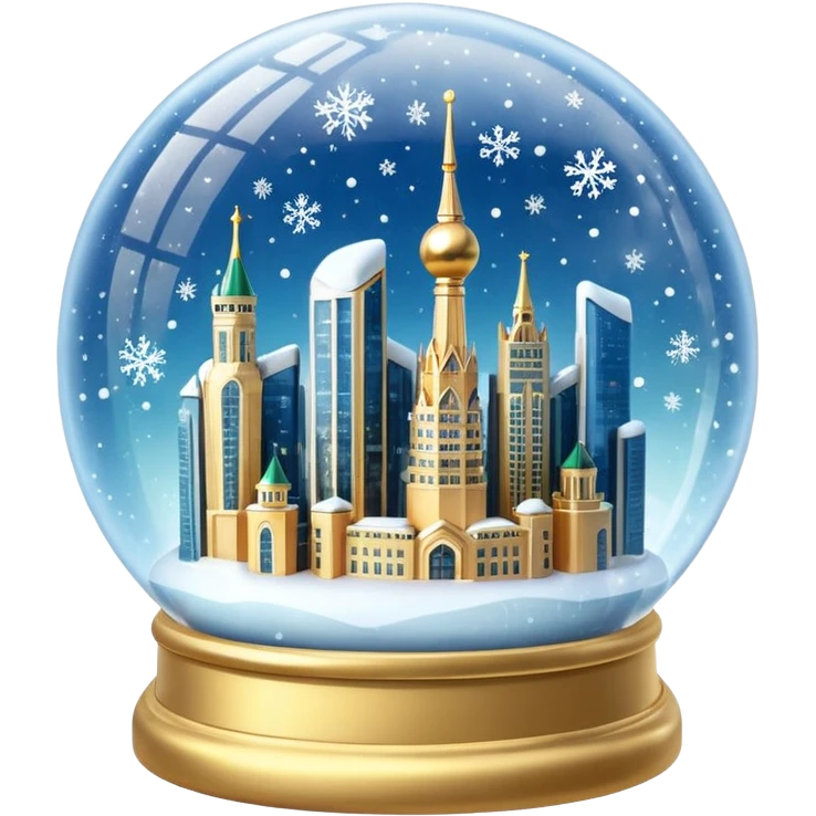Apple style 3D emoji of a crystal snow globe. Inside the globe are the glowing skyscrapers of Moscow City (Federation Tower and Evolution Tower) covered in snow. Golden sparkles and snowflakes floating inside. High-quality
3D render, glossy glass, soft lighting, isolated on a white background. emoji