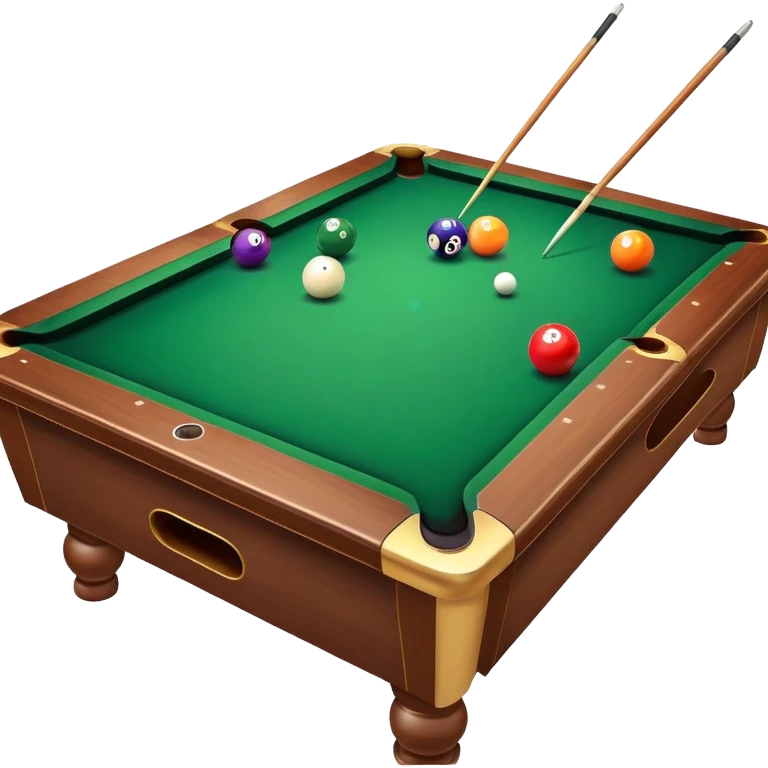 A close-up of a billiard table with a cue stick lined up to strike a colorful set of balls. The focus is on the precision of the shot, with the table’s green surface and the triangular arrangement of balls, creating a dynamic scene of strategy and concentration in the game of billiards. emoji