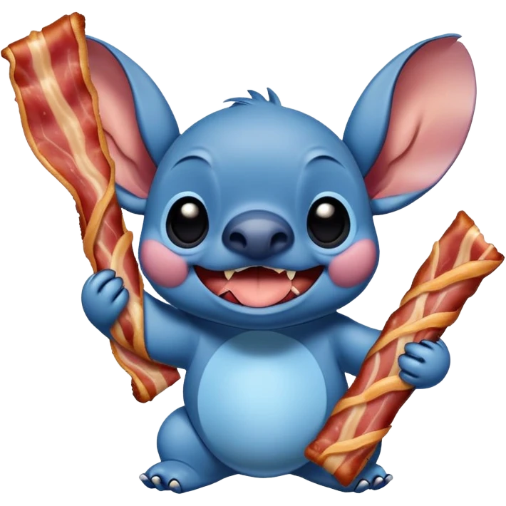 happy Stitch holding a bacon strip emoji