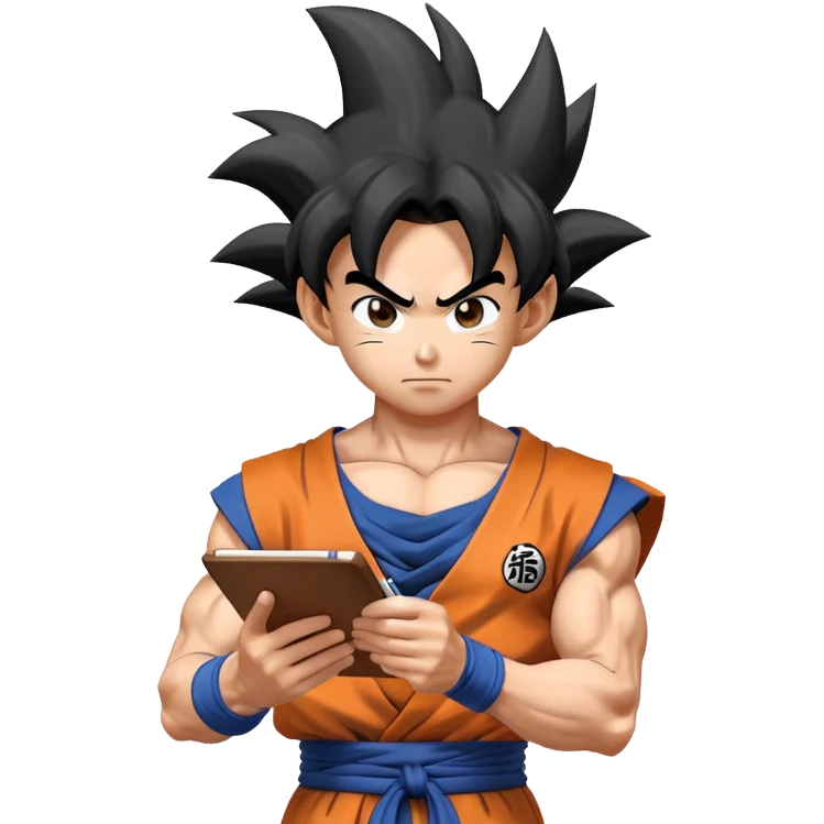 Goku in Ultra Instinct mode writing notes emoji