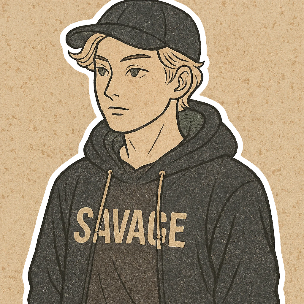 young man with short blonde hair, blue eyes, light skin, dark cap, dark hoodie over a "SAVAGE" t-shirt, white outline sticker effect emoji