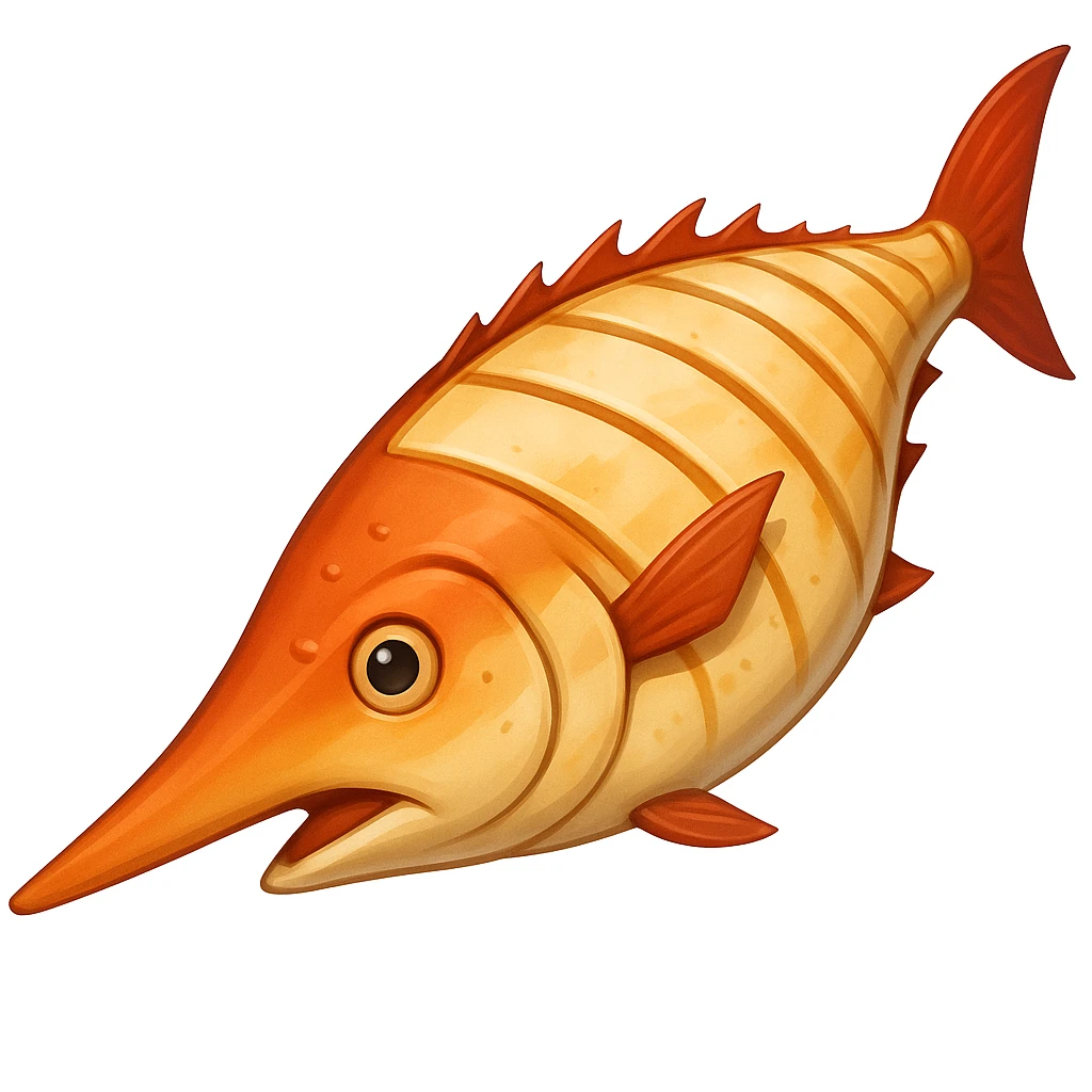 Add a prominent sword-like bill to the cooked swordfish steak, emoji style. Keep the cooked look, no garnish. emoji