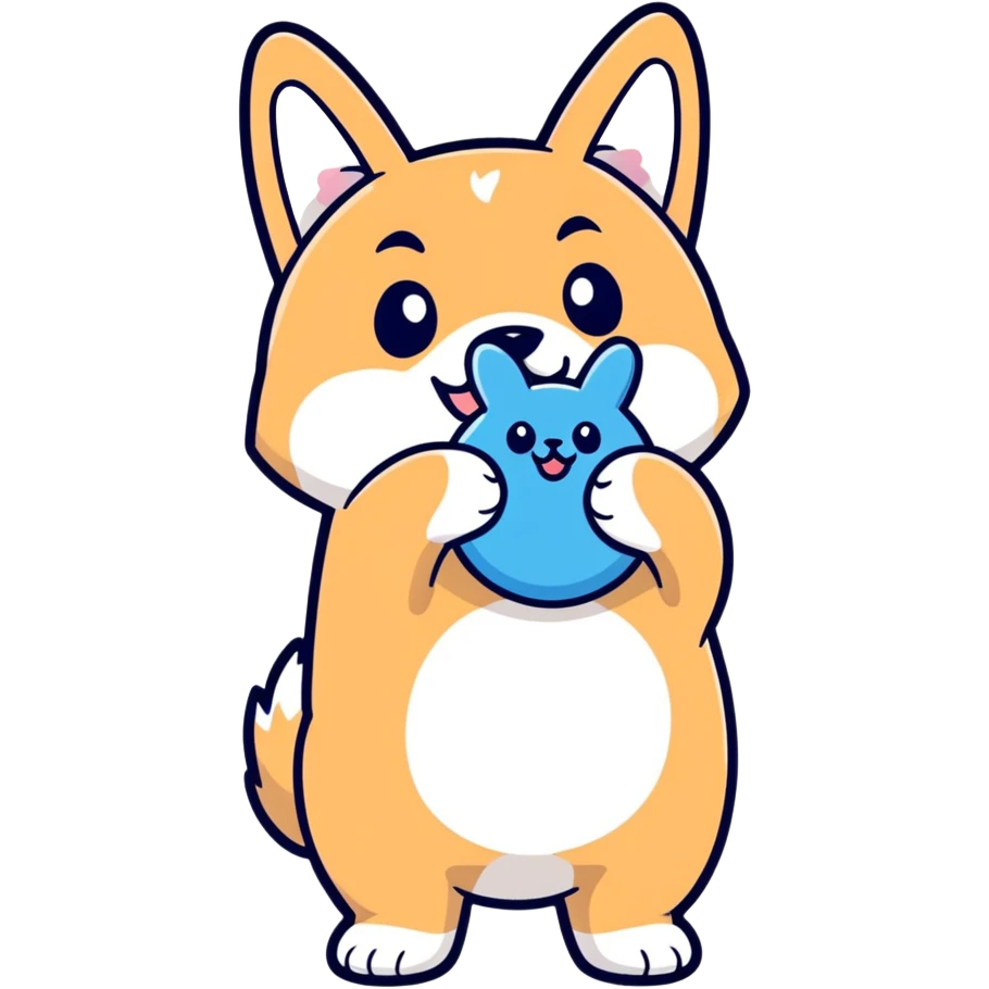 overweight black shiba inu holding a fluffy blue bunny toy by mouth, smiling, hint of cheese smell, cartoon sticker style emoji