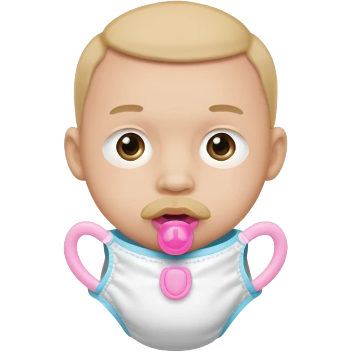 A grown man wearing a diaper with a pink pacifier in his mouth. emoji