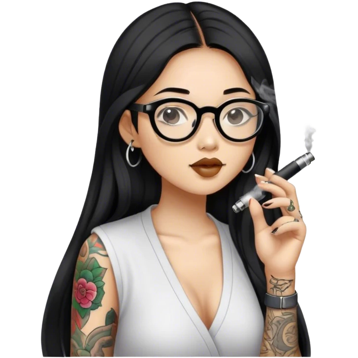 Black hair long hair Asian girl, wearing slippers, glasses, only one arm tattooed, smoking an e-cigarette emoji