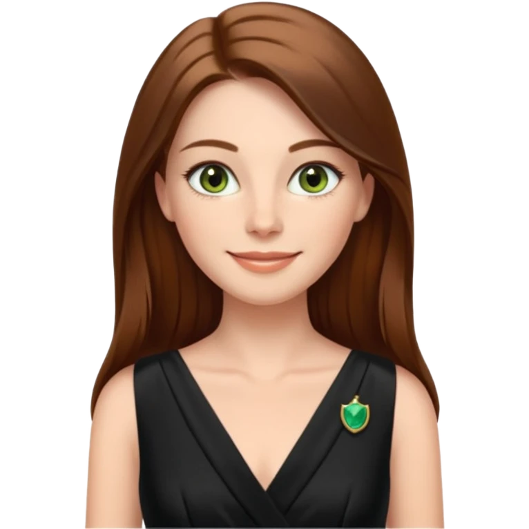 confident CEO named Freya McOmish, smiling, hazel green eyes, straight long hair parted in the middle, subtle freckles, broad shoulders, wearing a black evening dress emoji