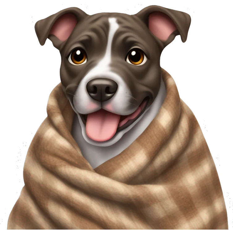 Happy brindle pit wrapped in a cozy blanket emoji