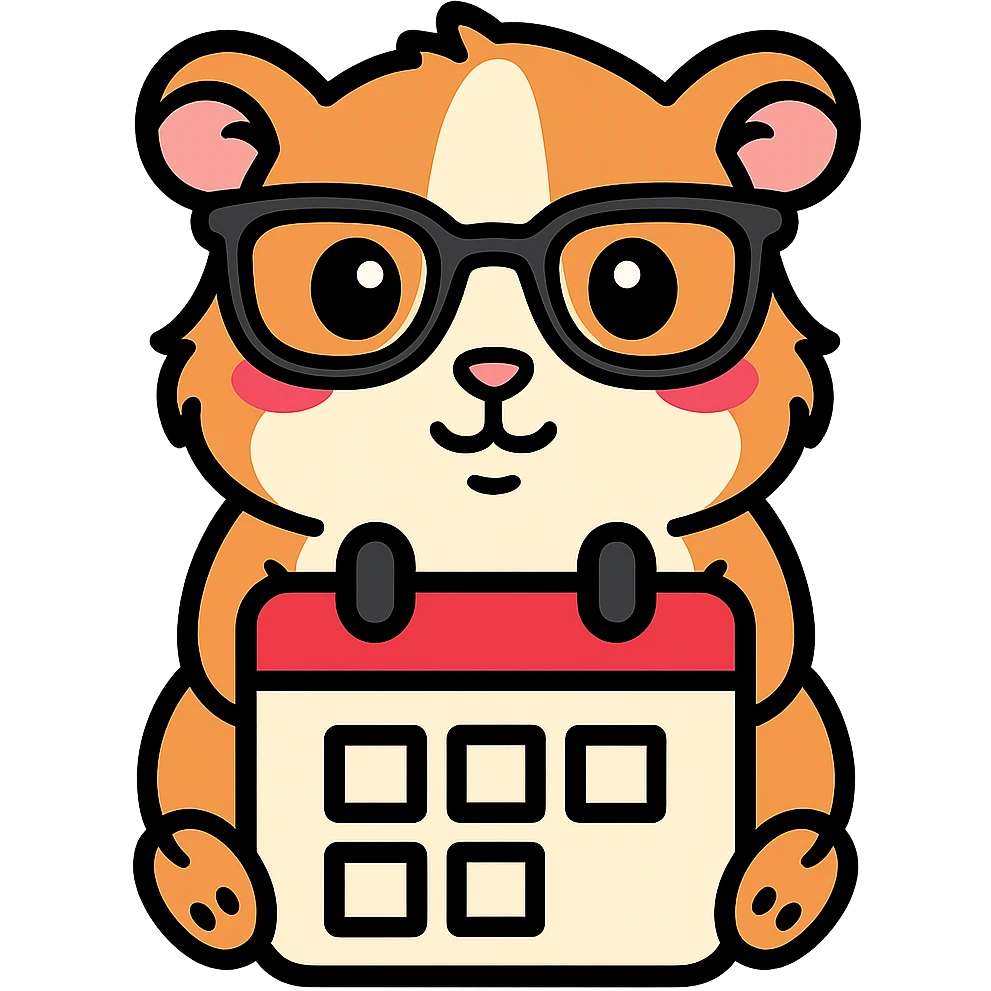 Make the guinea pig match the original reference: same face and glasses style, but sitting on a calendar for a calendar app, in a cute, outlined, colorful style. emoji