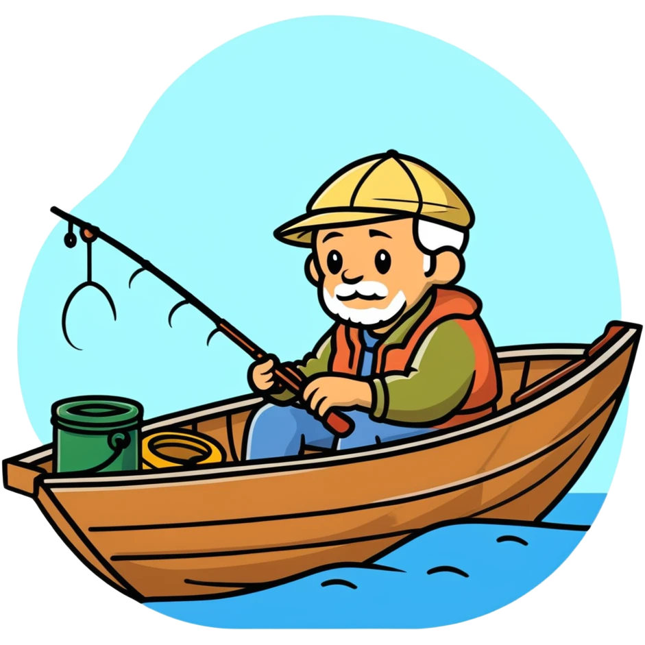 elderly fisherman sitting in boat with fishing rod emoji