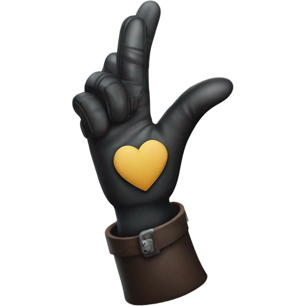 "like thumb" with a medieval black leather glove, white heart in the palm and harry potter style emoji
