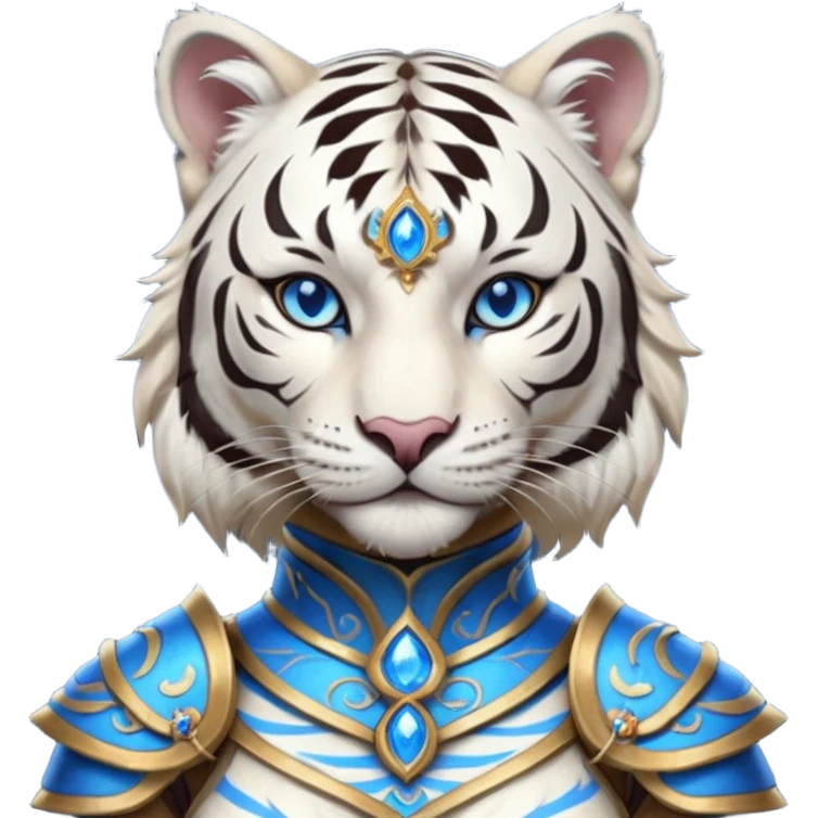 ESO Female white tiger khajiit leader of the umbral rose, blue eyes, blue 'third eye' gem emoji