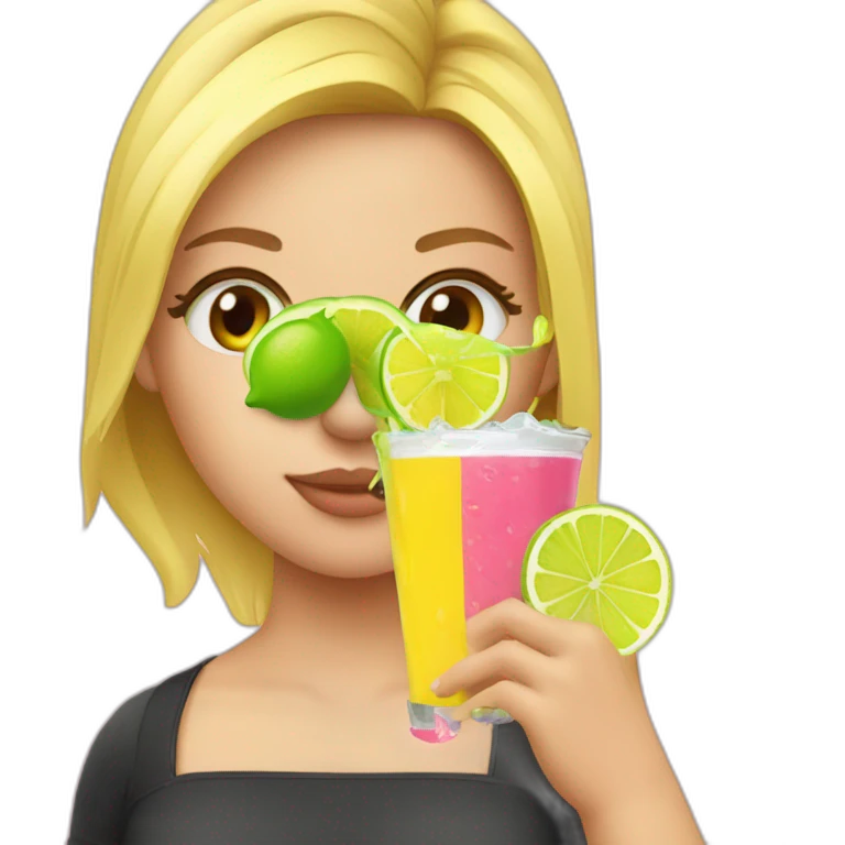 crazy blonde girl straw drinking pink lemonade with one green lemon in the cup, with black watch black tshirt emoji