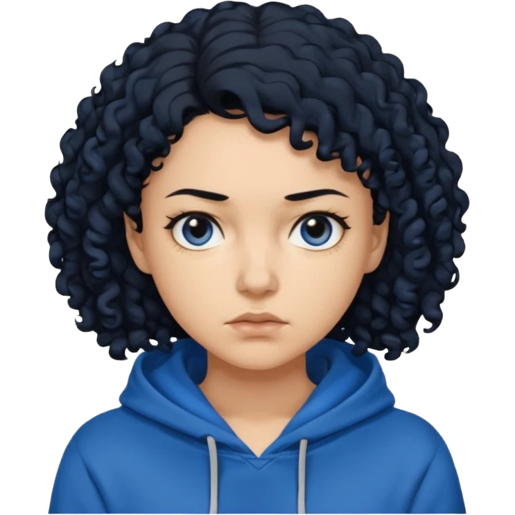 A woman with curly black hair, wearing a blue-black hoodie, and a slightly serious expression on her face. emoji