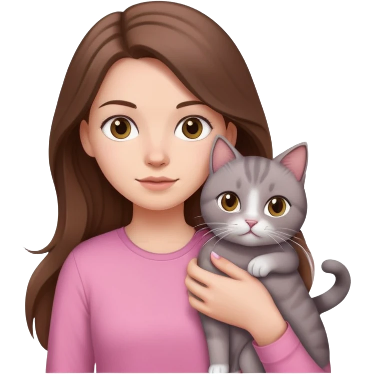 white girl with long brown hair wearing a pink shirt holding a gray cat  emoji